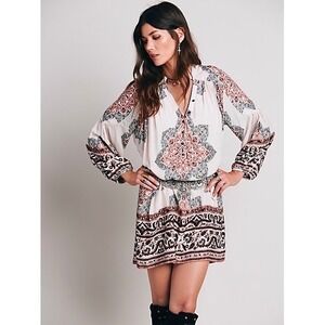 Free People Long Sleeve Boho Tunic Dress‎ Peach Brown Black Medallion Print S